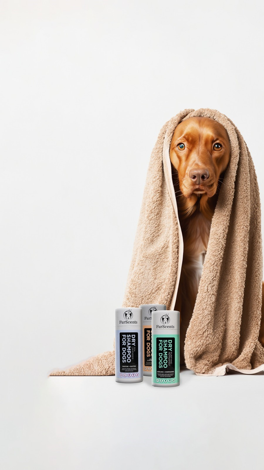 כלב עם מגבת מסתכל למצלמה לצד שמפו יבש ממותג FurScents - שמפו לכלבים