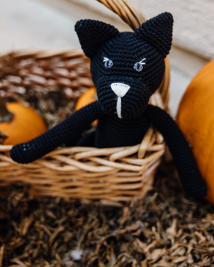 חתול סרוג ידני שחור בסל עם דלעות - בובות סרוגות עבודת יד לחג